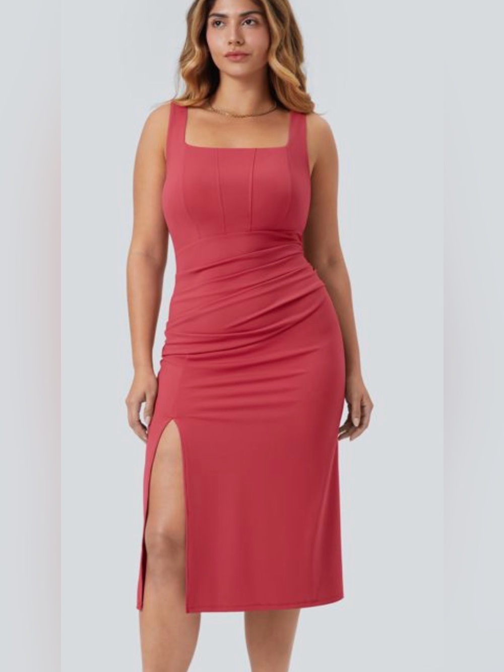 HALARA Softlyzero Airy Square Neck Corset Ruched Bodycon Midi Dress Sz S